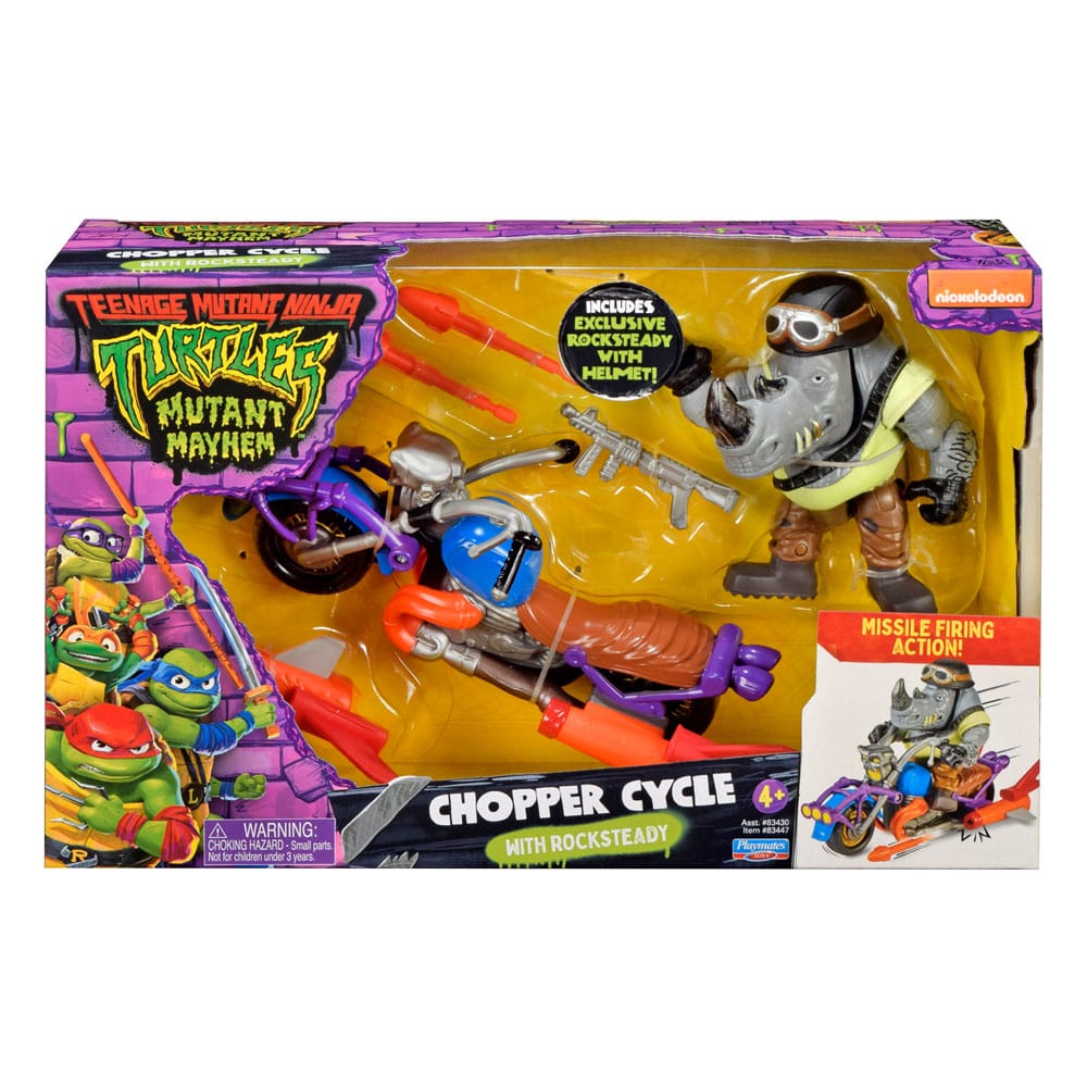 Teenage Mutant Ninja Turtles Actionfigur mit Fahrzeug Rocksteady & Chopper 12 cm