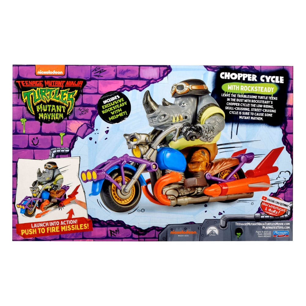 Teenage Mutant Ninja Turtles Actionfigur mit Fahrzeug Rocksteady & Chopper 12 cm